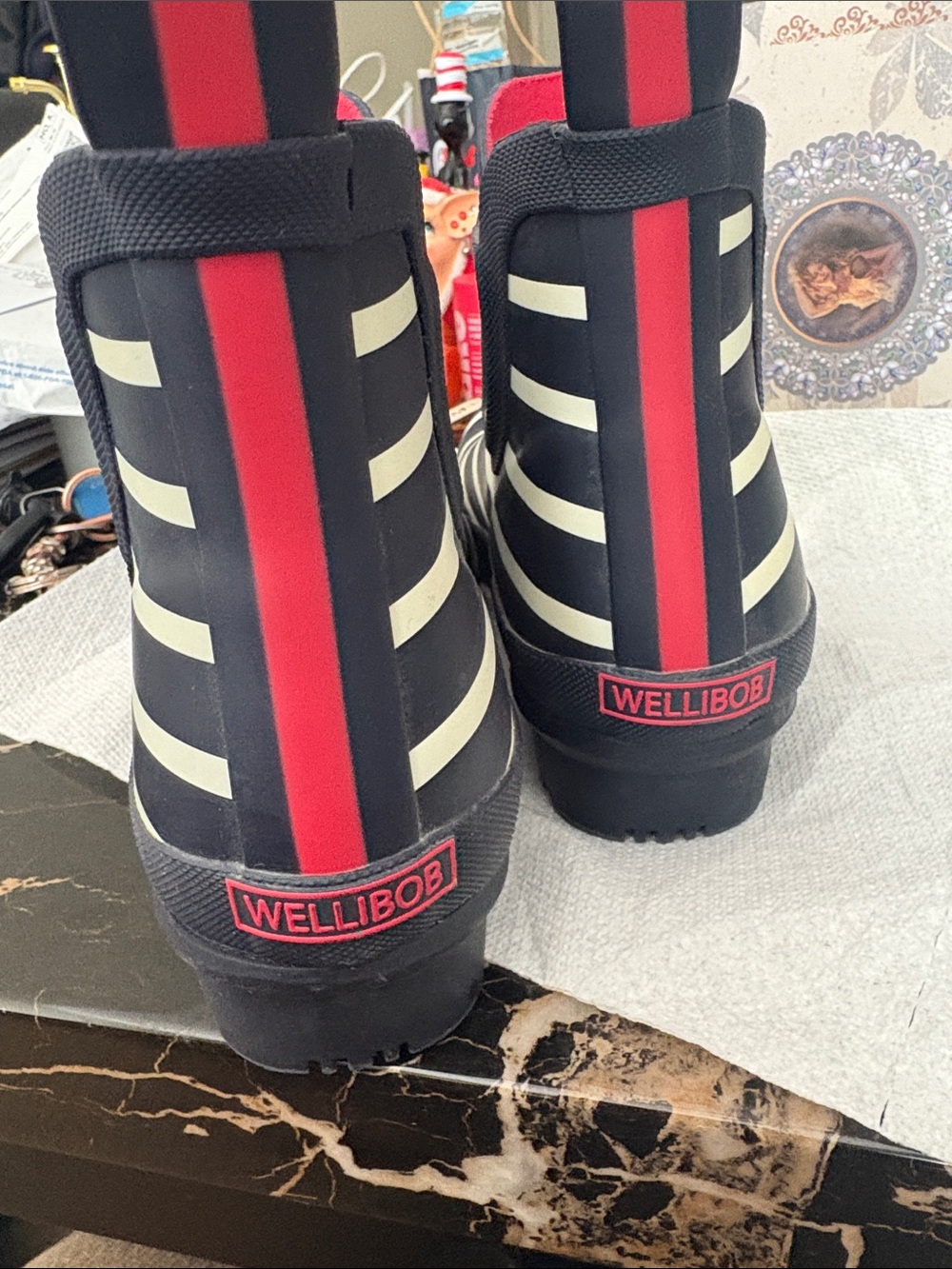 Joules Navy & White Striped Short Rain Boots with Red Lining VGC - Picture 2 of 4